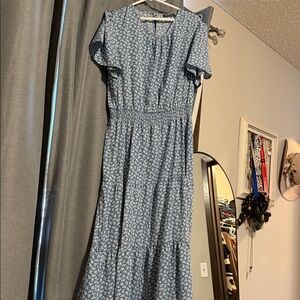 Blue Floral Maxi Dress with Smocked Waist